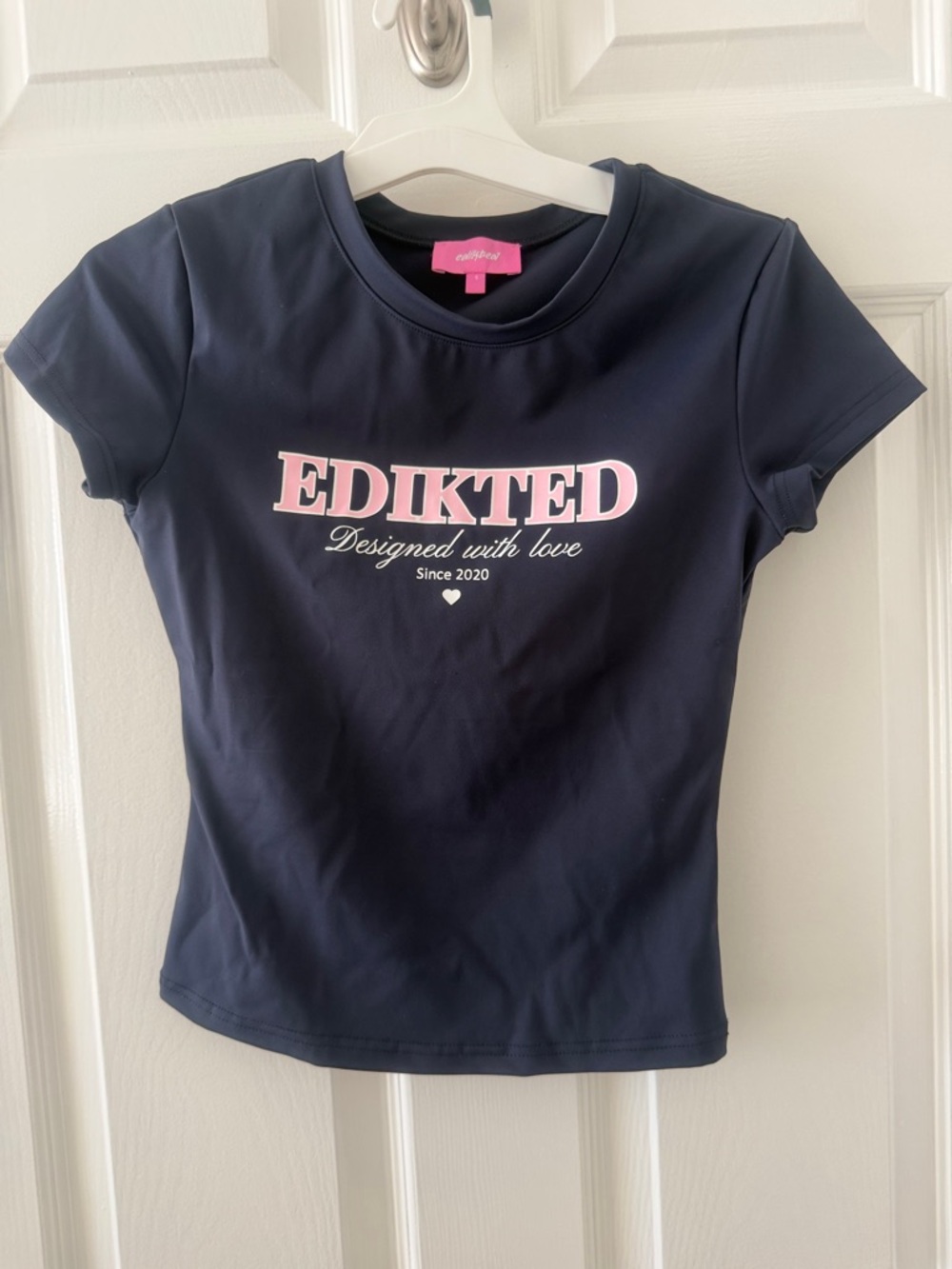 Edikted Navy Blue Tee with Pink Logo Cool Nylon material